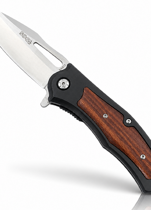 Foldable Pocket Knife with Aluminum and Wood Handle Design 20 cm Stainless Steel Blade Belt Carry Folding Knife