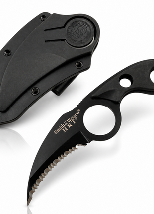 Fixed Blade Karambit Knife with Sheath Black ABS Handle Serrated Edge Utility Outdoor Tool