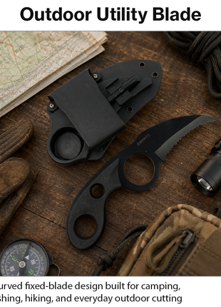 Fixed Blade Karambit Knife with Sheath Black ABS Handle Serrated Edge Utility Outdoor Tool