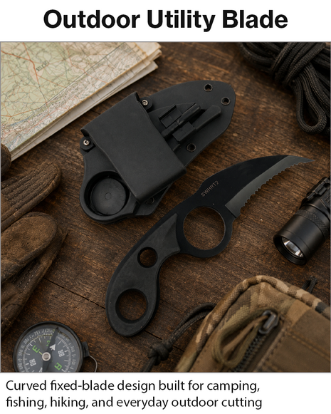 Fixed Blade Knife with Sheath Black ABS Handle Serrated Edge Utility Outdoor Tool