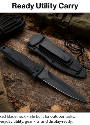 Neck Chain Fixed Blade Knife with ABS Sheath, Aluminum Handle, Black Finish, 21 cm EDC Utility Knife