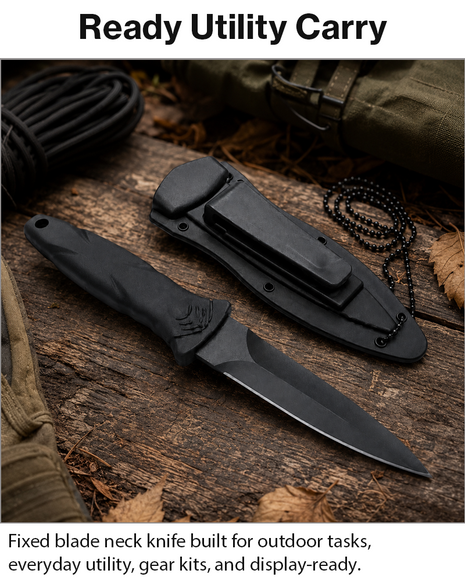 Neck Chain Fixed Blade Knife with ABS Sheath, Aluminum Handle, Black Finish, 21 cm EDC Utility Knife