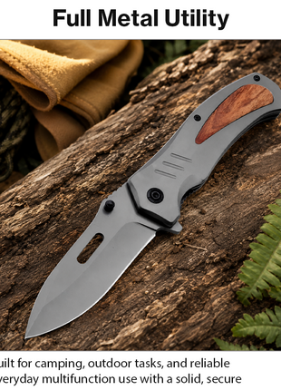 Full Metal Folding Camping Utility Knife, 9 cm Smooth Stainless Steel Blade, Black Metal Handle