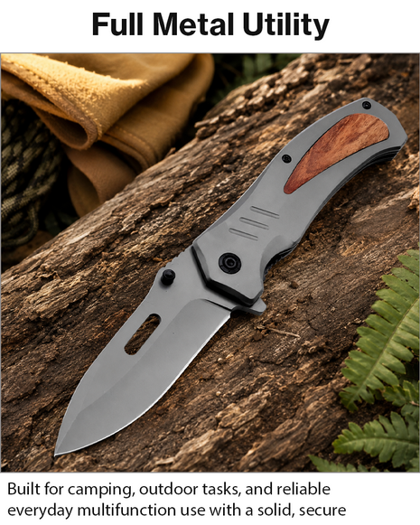 Full Metal Folding Camping Utility Knife, 9 cm Smooth Stainless Steel Blade, Black Metal Handle