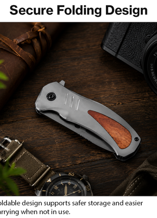 Full Metal Folding Camping Utility Knife, 9 cm Smooth Stainless Steel Blade, Black Metal Handle
