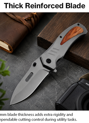 Full Metal Folding Camping Utility Knife, 9 cm Smooth Stainless Steel Blade, Black Metal Handle