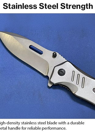 Full Metal Folding Camping Utility Knife, 9 cm Smooth Stainless Steel Blade, Black Metal Handle