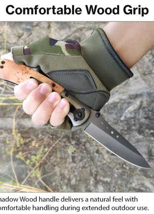 Stainless Steel Folding Knife, 9cm 5Cr15MoV Blade, Shadow Wood Handle