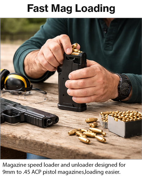 Universal 9mm–.45 ACP Magazine Speed Loader & Unloader ABS Compact 7×3.5×8 cm Lightweight 70 g Handheld Tool
