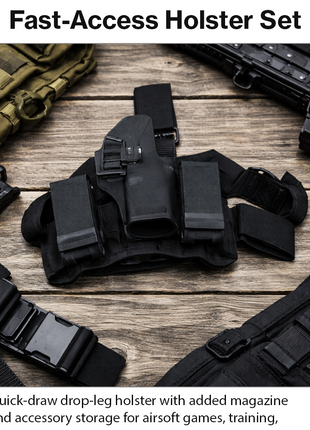 Airsoft Drop Leg Holster Tactical Set Quick Draw Thigh Platform with Magazine Pouch and Flashlight Holder Adjustable ABS Black