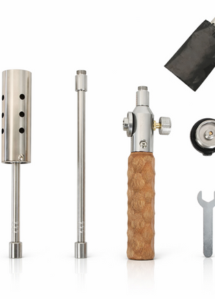 Portable Detachable Gas Spray Gun with Wooden Handle, Stainless Steel & Brass, Adjustable Flame Control, Extension Pole, Outdoor Camping Tool