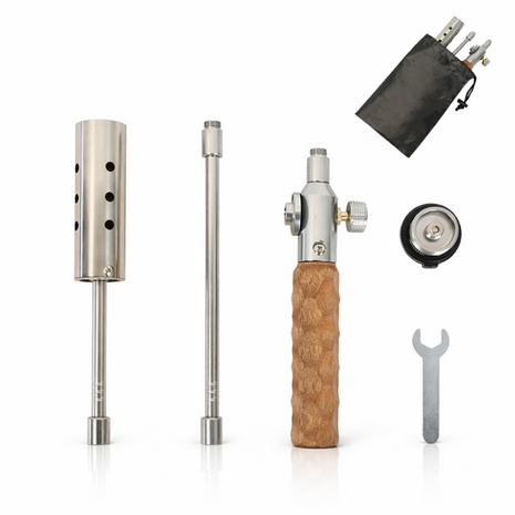 Portable Detachable Gas Spray Gun with Wooden Handle, Stainless Steel & Brass, Adjustable Flame Control, Extension Pole, Outdoor Camping Tool