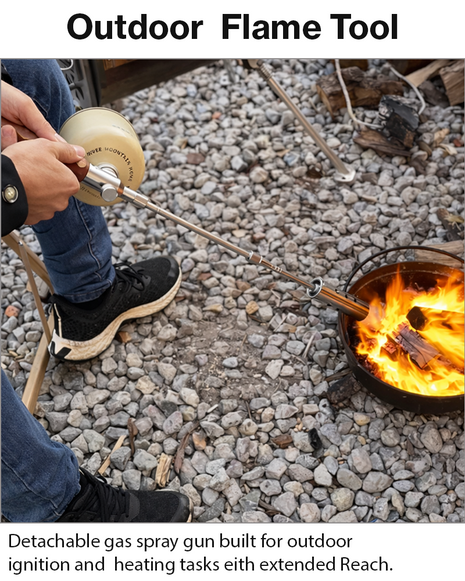 Portable Detachable Gas Spray Gun with Wooden Handle, Stainless Steel & Brass, Adjustable Flame Control, Extension Pole, Outdoor Camping Tool
