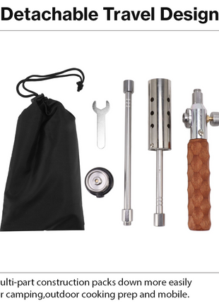 Portable Detachable Gas Spray Gun with Wooden Handle, Stainless Steel & Brass, Adjustable Flame Control, Extension Pole, Outdoor Camping Tool