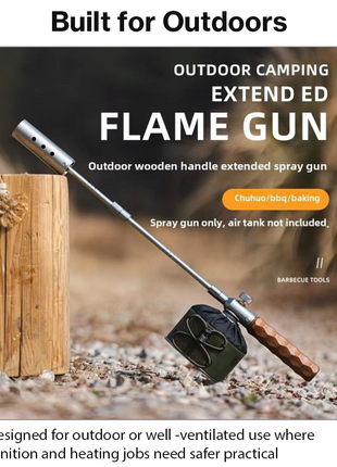 Portable Detachable Gas Spray Gun with Wooden Handle, Stainless Steel & Brass, Adjustable Flame Control, Extension Pole, Outdoor Camping Tool