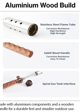 Portable Detachable Gas Spray Gun with Wooden Handle, Stainless Steel & Brass, Adjustable Flame Control, Extension Pole, Outdoor Camping Tool