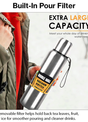 Stainless Steel Vacuum Flask with Filter – Double-Wall Insulated, Hot 24h / Cold 36h
