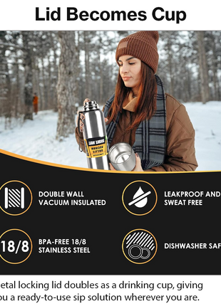 Stainless Steel Vacuum Flask with Filter – Double-Wall Insulated, Hot 24h / Cold 36h