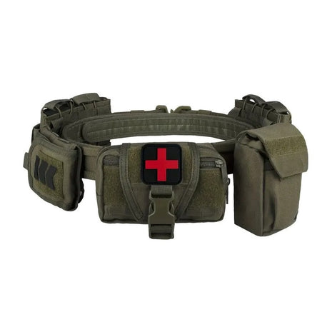 Olive green tactical battle belt with five pouches on a white background, red cross patch on the front pouch