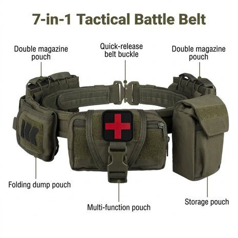 Olive green tactical battle belt with labelled multi-function, folding dump, storage and double magazine pouches and quick-release belt buckle