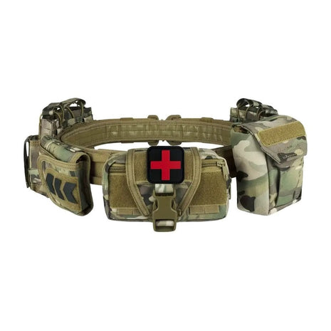 Green camo tactical battle belt with five pouches on a white background, red cross patch on the front pouch