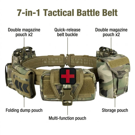 Green camo tactical battle belt with labelled multi-function, folding dump, storage and double magazine pouches and quick-release belt buckle