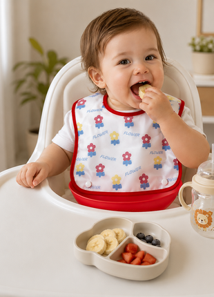PEVA Baby Feeding Bib 2 Pack with Detachable Soft Plastic Food Catching Trays, Waterproof Roll-Up Design, Press Stud Button Closure