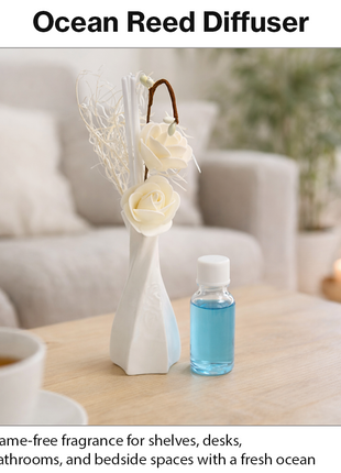 Glass Reed Diffuser Ocean Fragrance with Decorative Flowers, Fragrance Oil Included, Home Fragrance