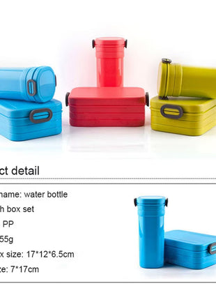 2‑Compartment Leakproof Lunchbox & Water Bottle Set – BPA‑Free PP – 19×12×6.5 cm + 7×8×8 cm – Green/Blue/Pink