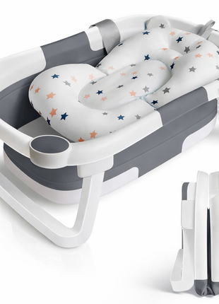 Foldable Baby Bathtub with Temperature Sensor Drain & Support Cushion, 0–24 Months, ABS Plastic, Space Saving Design