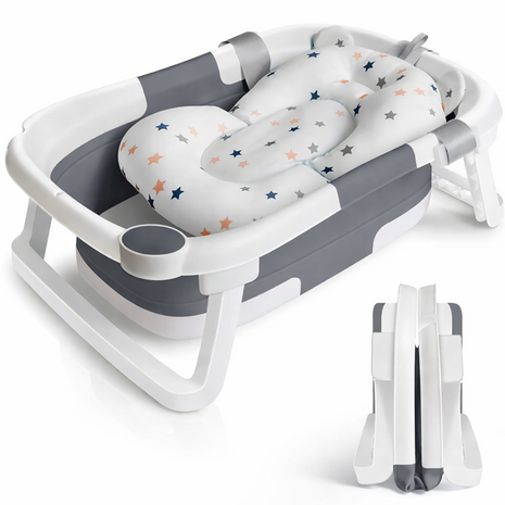 Foldable Baby Bathtub with Temperature Sensor Drain & Support Cushion, 0–24 Months, ABS Plastic, Space Saving Design