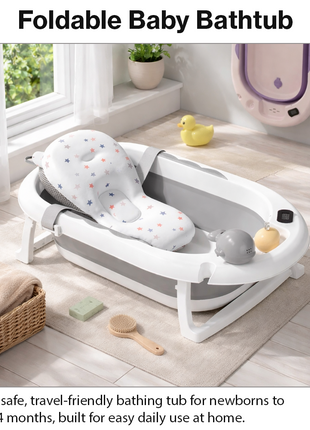Foldable Baby Bathtub with Temperature Sensor Drain & Support Cushion, 0–24 Months, ABS Plastic, Space Saving Design