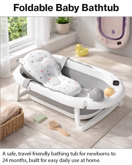 Foldable Baby Bathtub with Temperature Sensor Drain & Support Cushion, 0–24 Months, ABS Plastic, Space Saving Design