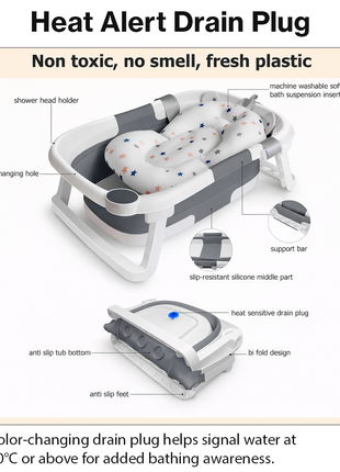 Foldable Baby Bathtub with Temperature Sensor Drain & Support Cushion, 0–24 Months, ABS Plastic, Space Saving Design