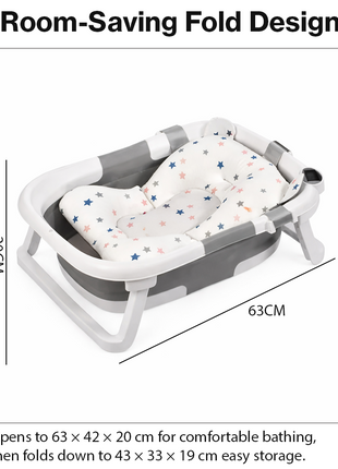 Foldable Baby Bathtub with Temperature Sensor Drain & Support Cushion, 0–24 Months, ABS Plastic, Space Saving Design