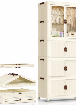 Stackable Plastic Closet Cabinet 3-Layer – Folding Wardrobe Organizer with Clothes Rod & Wheel