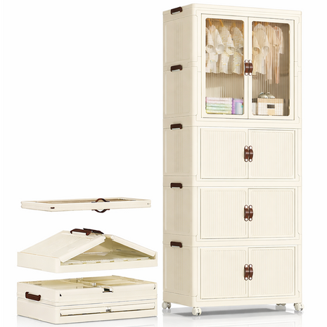 Stackable Plastic Closet Cabinet 3-Layer – Folding Wardrobe Organizer with Clothes Rod & Wheel