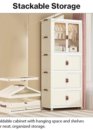Stackable Plastic Closet Cabinet 3-Layer – Folding Wardrobe Organizer with Clothes Rod & Wheel