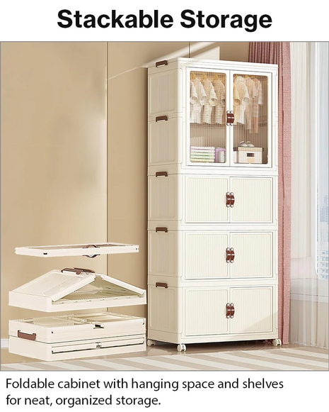 Stackable Plastic Closet Cabinet 3-Layer – Folding Wardrobe Organizer with Clothes Rod & Wheel