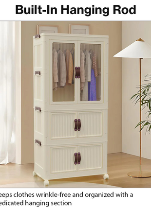 Stackable Plastic Closet Cabinet 3-Layer – Folding Wardrobe Organizer with Clothes Rod & Wheel
