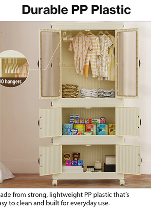 Stackable Plastic Closet Cabinet 3-Layer – Folding Wardrobe Organizer with Clothes Rod & Wheel