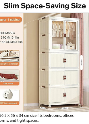 Stackable Plastic Closet Cabinet 3-Layer – Folding Wardrobe Organizer with Clothes Rod & Wheel