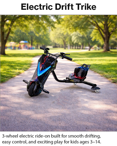 3-Wheel Electric Drifting Trike 36V 3.6Ah – ABS Body, Bluetooth Music, PU Wheels