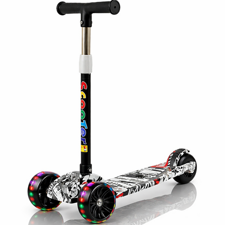 Folding Kids Scooter 3-Wheel with LED Wheels, 4-Level Adjustable Handlebar, Rear Brake, Tilt Steering
