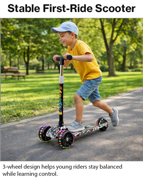Folding Kids Scooter 3-Wheel with LED Wheels, 4-Level Adjustable Handlebar, Rear Brake, Tilt Steering
