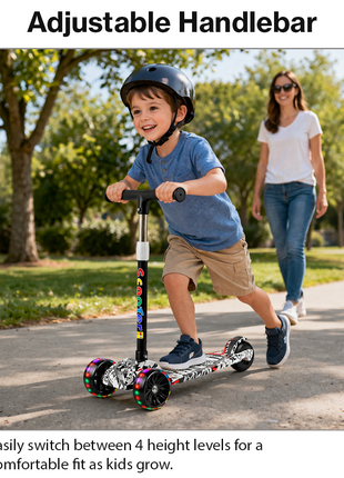 Folding Kids Scooter 3-Wheel with LED Wheels, 4-Level Adjustable Handlebar, Rear Brake, Tilt Steering