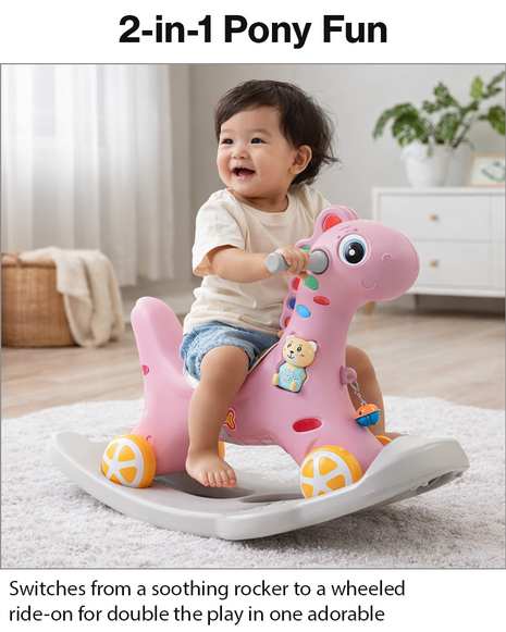 2-in-1 Toddler Rock and Ride Pony – Convertible Rocker/Ride-On – Pink
