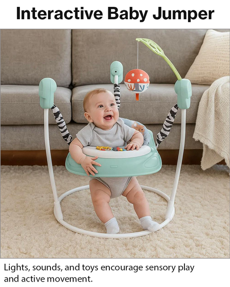 Baby Activity Jumper with Lights & Sounds, Adjustable Height, Interactive Toys, Compact Frame