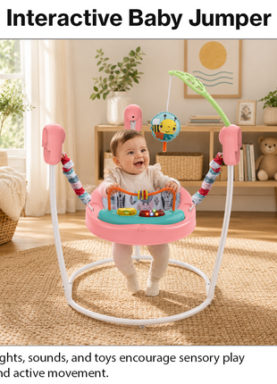 Baby Activity Jumper with Lights & Sounds, Adjustable Height, Interactive Toys, Compact Frame Pink