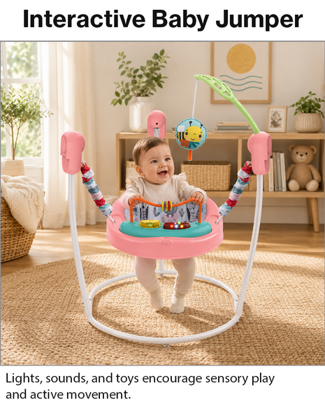 Baby Activity Jumper with Lights & Sounds, Adjustable Height, Interactive Toys, Compact Frame Pink